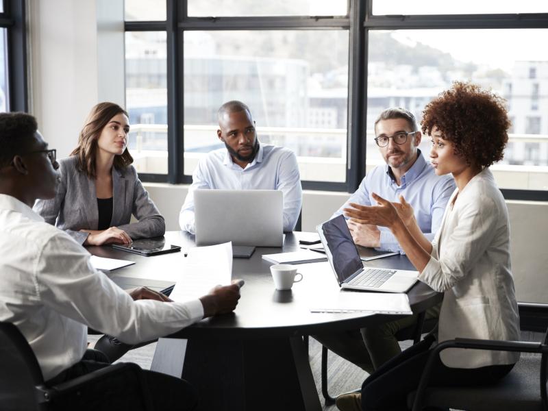 A group of professionals meet and discuss around a table.