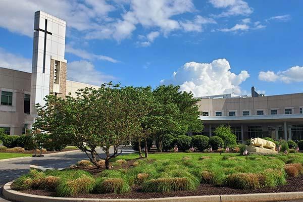 Exterior view of the front entrance of Penn State Health St. Joseph Medical Center.